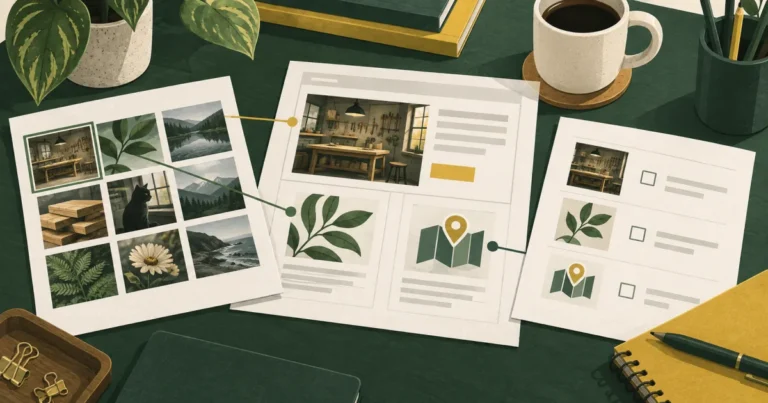 作業台で写真一覧、Webページ案、画像ごとの役割を整理したチェック表を照らし合わせるイラスト