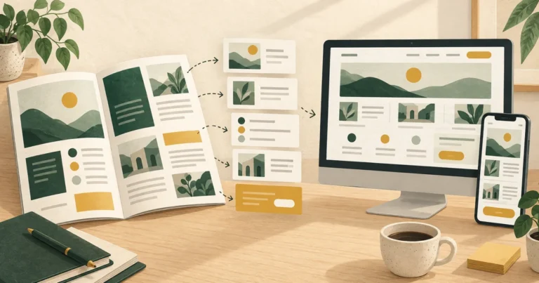 開いた会社案内の情報カードを、デスクトップとスマートフォンのWeb画面へ組み替える作業机のイラスト