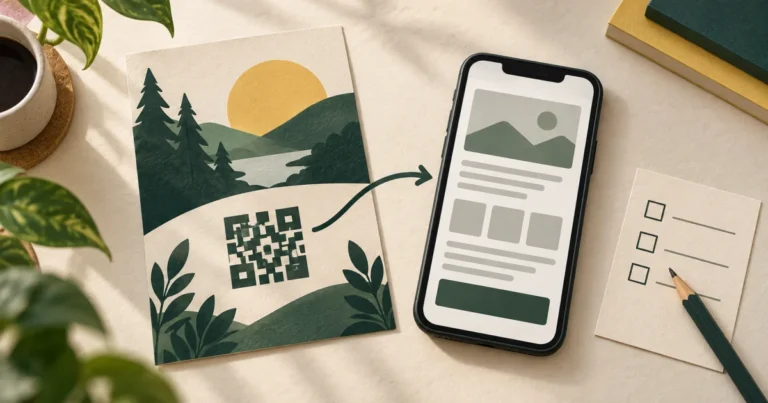 文字のない印刷チラシの図案とQRコードを模した模様から、Webページを示すスマートフォンへ矢印が伸び、横に確認表が置かれた再構成イラスト。