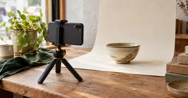 店舗の窓辺で、卓上スタンドに固定したスマートフォンが生成りの背景に置いた陶器を撮影する様子