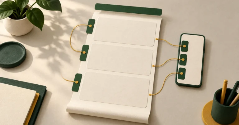 三つの索引タブから長い資料の各区画へ線をつなぎ、横にスマートフォン型のカードを添えた架空のイラスト