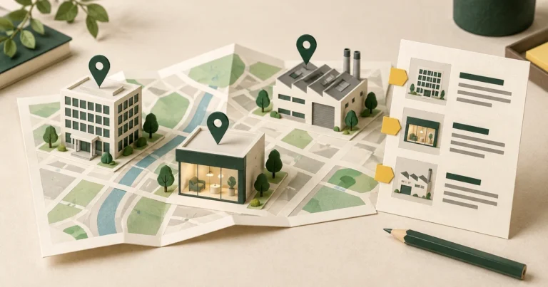 紙の地図に営業所・展示室・工場の模型と位置のピンを並べ、横に拠点情報のカードを置いた架空のイラスト