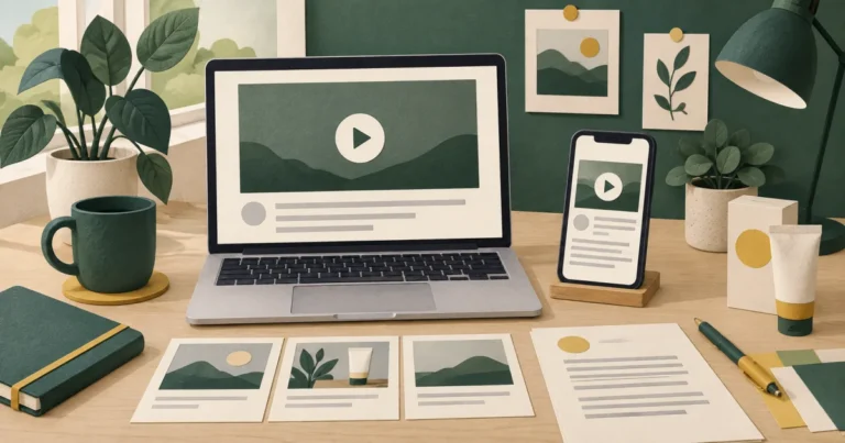 動画再生を表す画面のノートパソコンとスマートフォン、説明カードと絵コンテが並ぶ制作机のイラスト