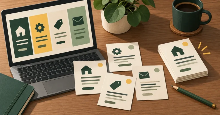 四つの情報欄を並べたノートパソコンと、サービスや料金、窓口を表す紙のカードを机上で照合する架空のイラスト